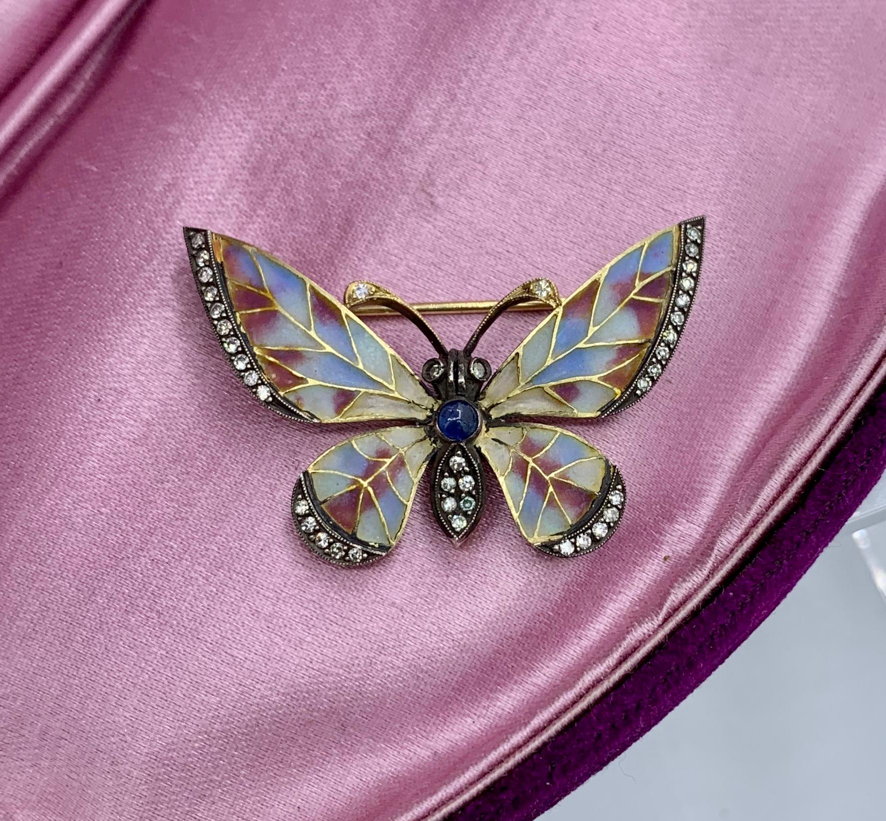 Women's Plique-a-Jour Enamel Sapphire Diamond Butterfly Brooch Art Nouveau 18 Karat Gold For Sale
