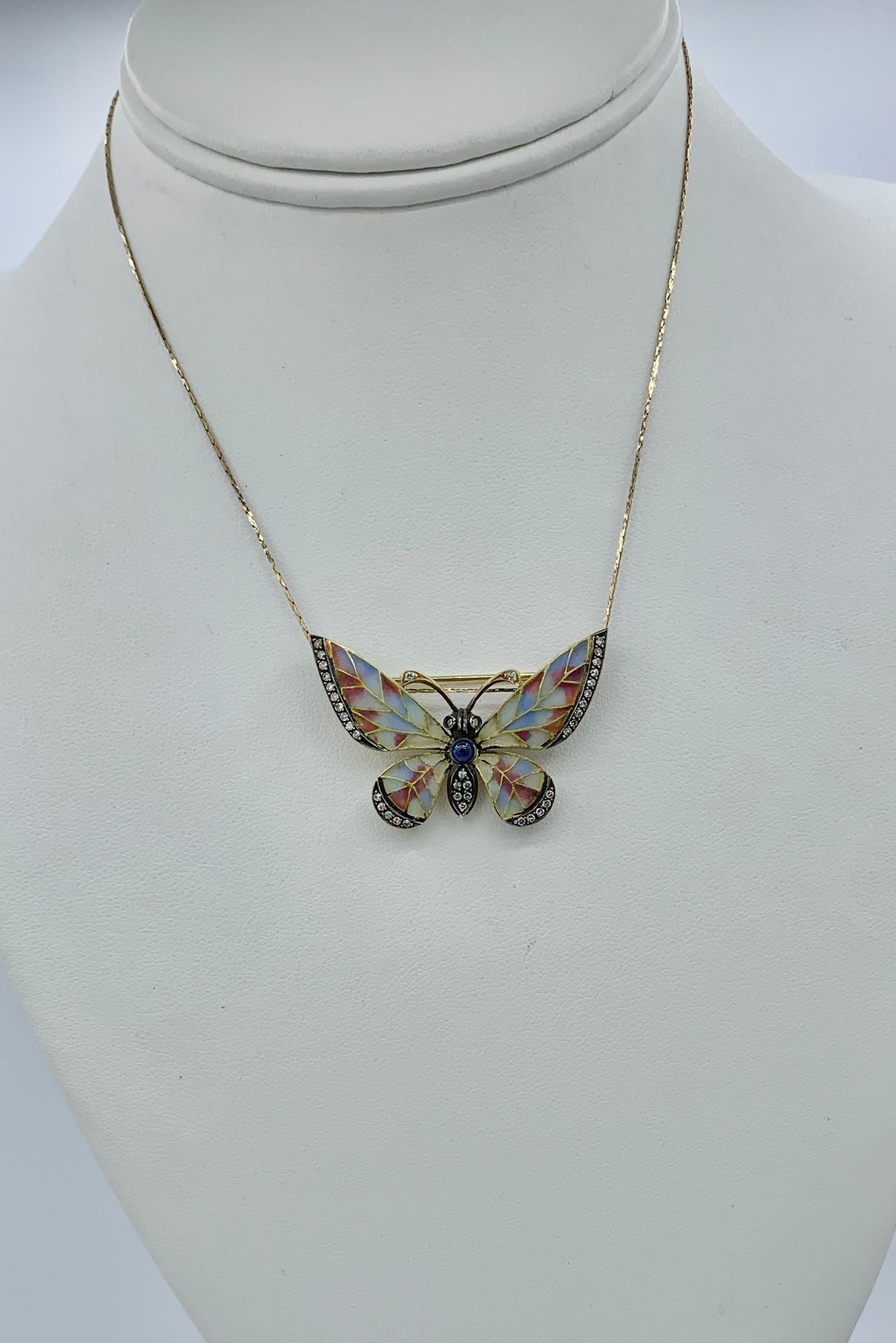 Plique-a-Jour Enamel Sapphire Diamond Butterfly Brooch Art Nouveau 18 Karat Gold For Sale 1