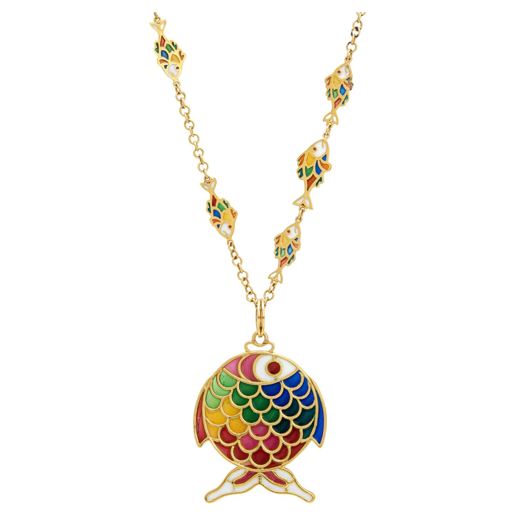 Plique a Jour Fisch Halskette Vintage 18k Gelbgold 26" Kette Estate Jewelry
