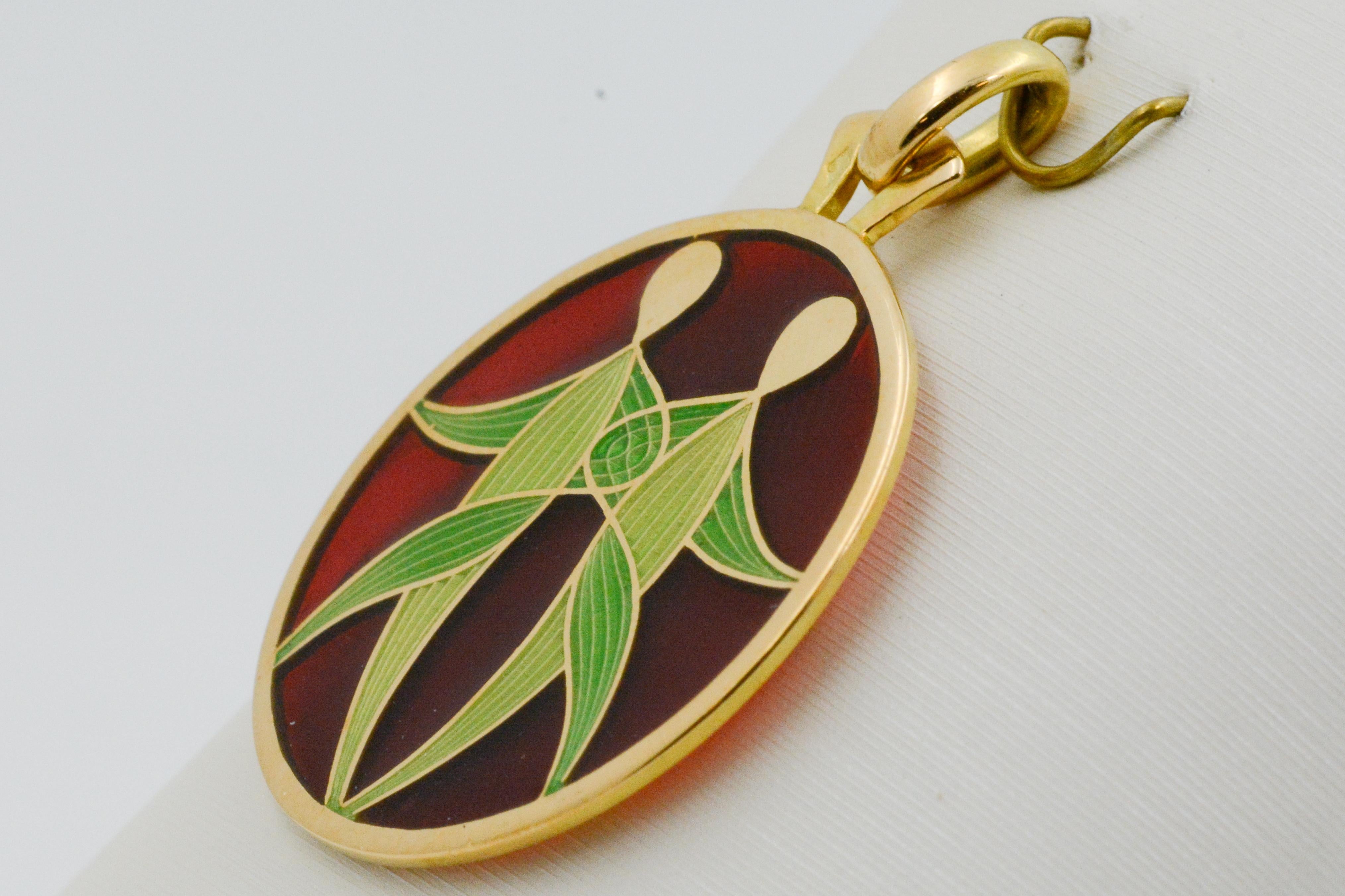 Plique a Jour Gemini 18 Karat Yellow Gold Enameled Glass Pendant 2