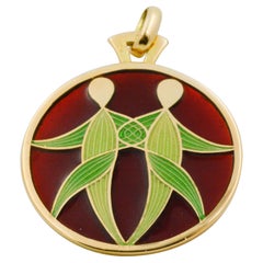 Plique a Jour Gemini 18 Karat Yellow Gold Enameled Glass Pendant