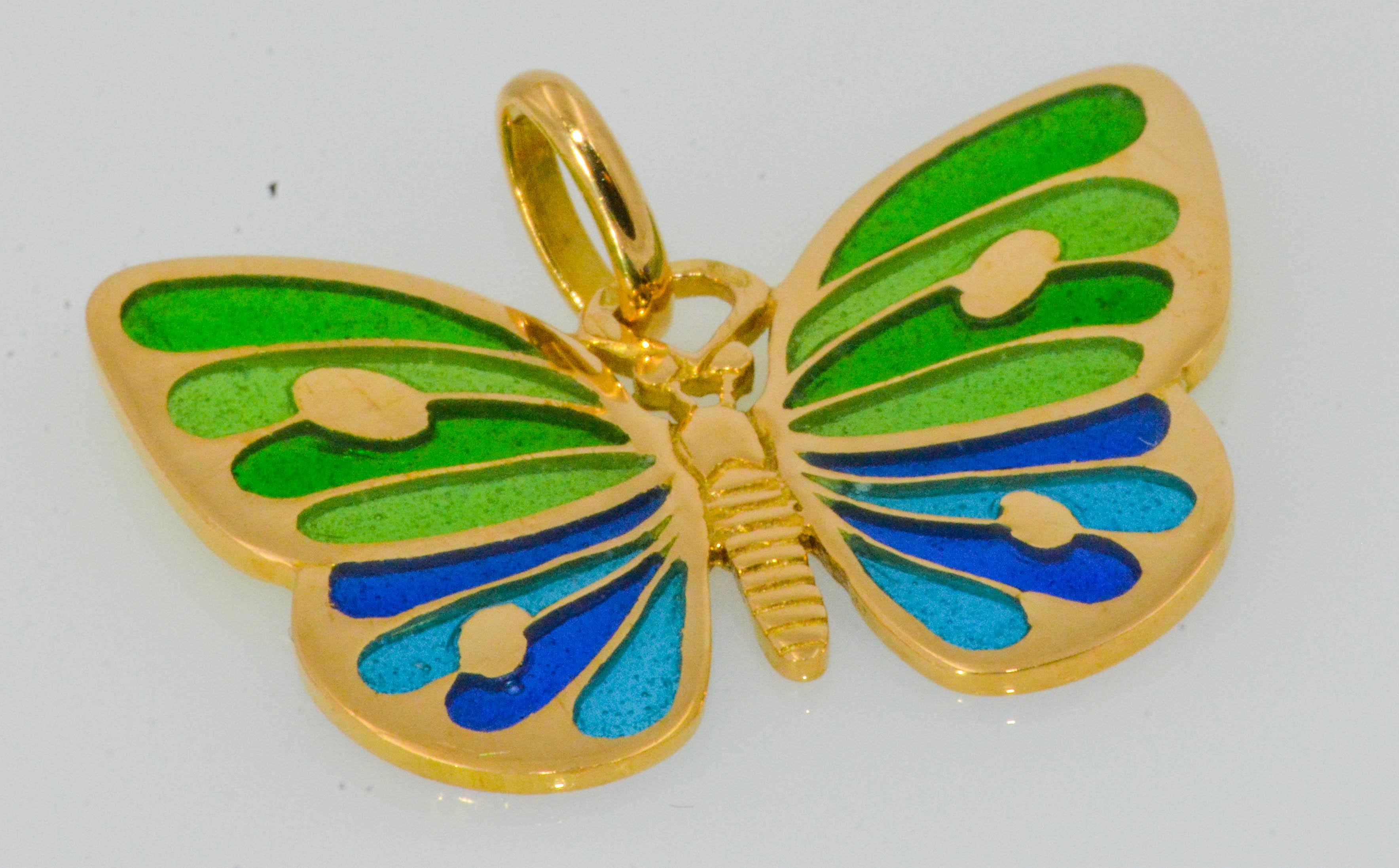 Women's Plique a Jour Glass Enameled Butterfly 18 Karat Yellow Gold