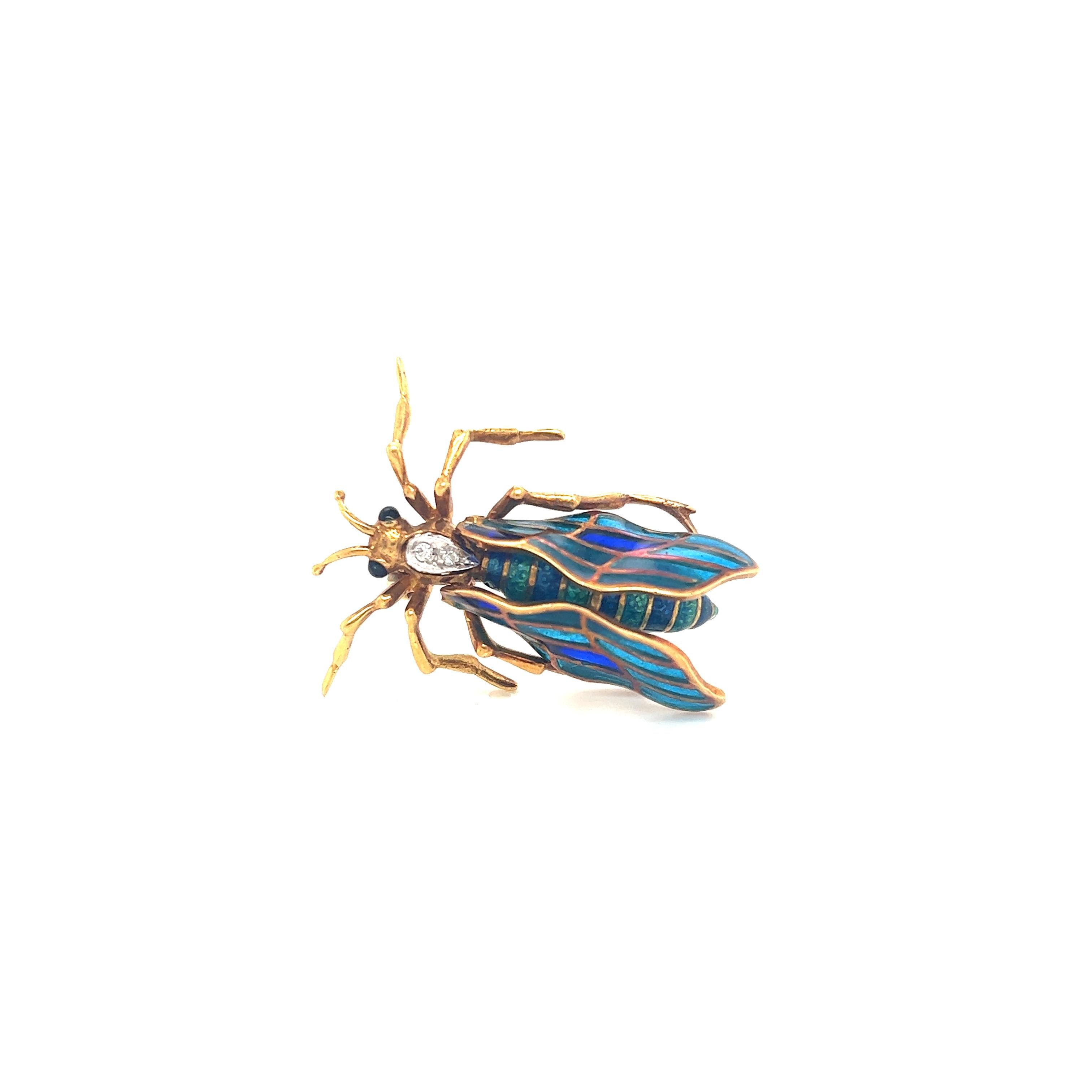 Single Cut Plique-à-jour Grasshopper Pendant & Brooch 18k Yellow Gold