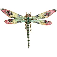 Plique à Jour Huge Diamond Gemstone Dragonfly Brooch 18 Karat
