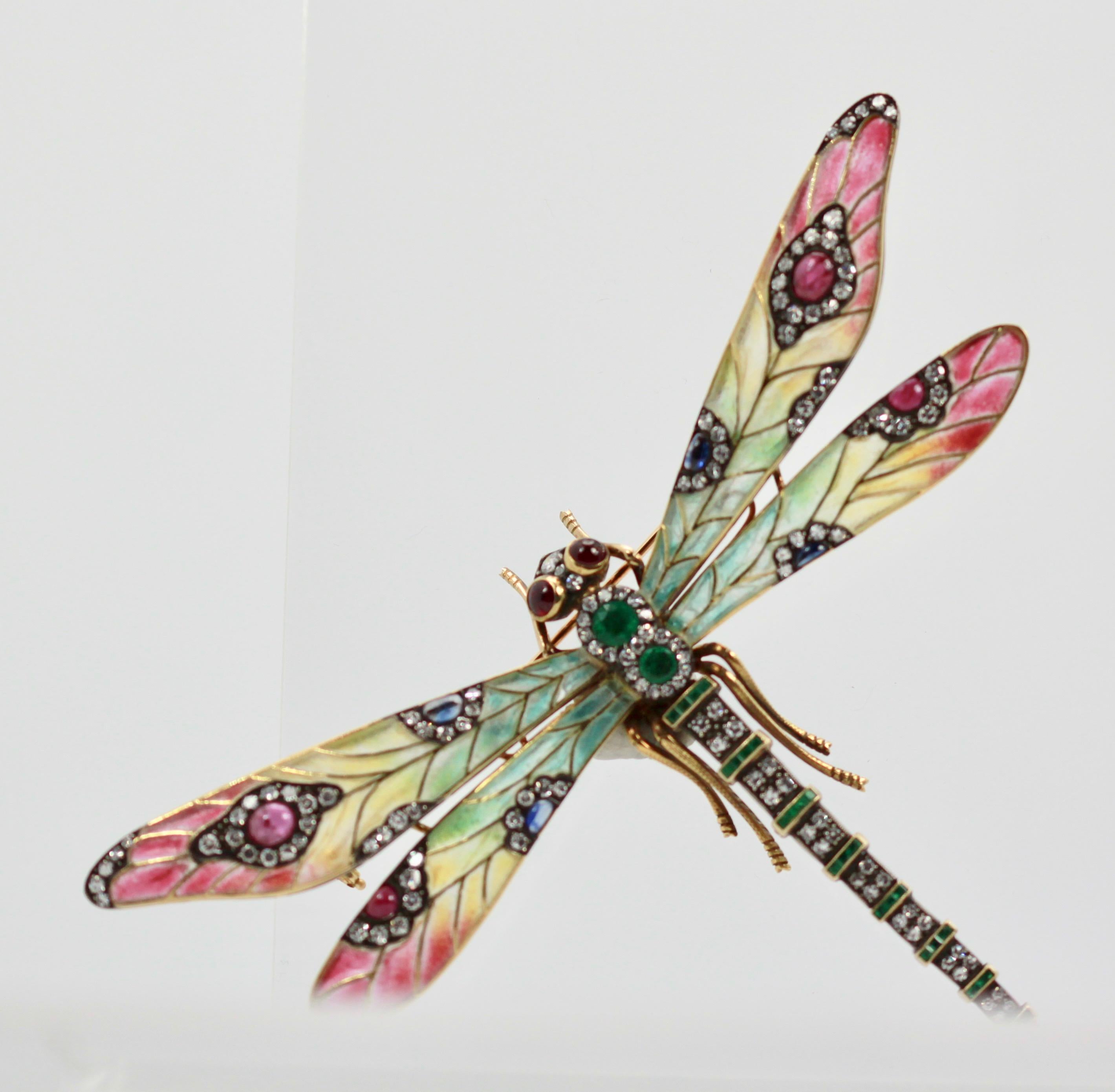 Plique à Jour Huge Diamond Gemstone Dragonfly Brooch 18 Karat 4