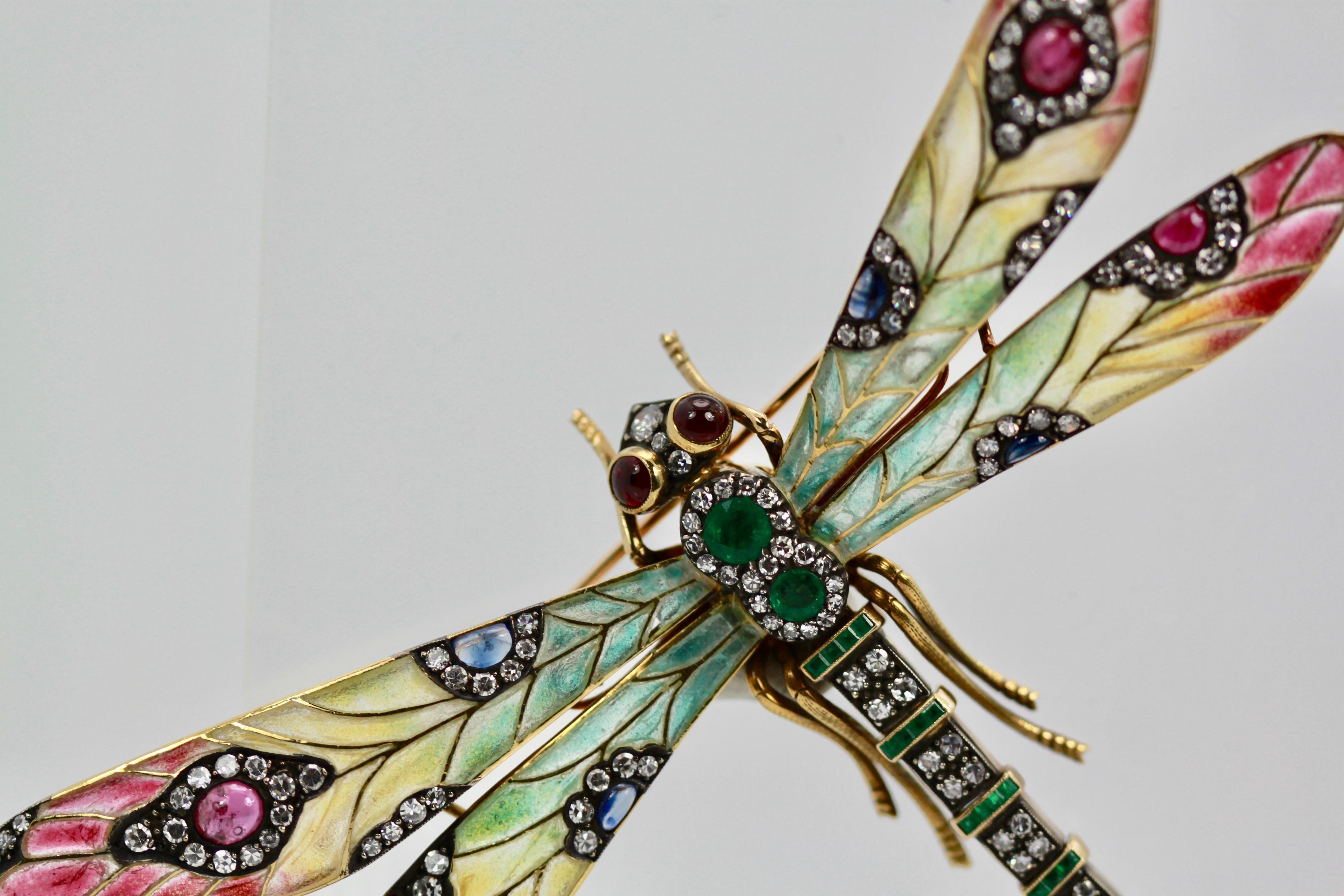 This Plique a Jour Dragonfly Brooch is spectacular and huge with wings and the body measuring 12cm x 8cm or almost 5
