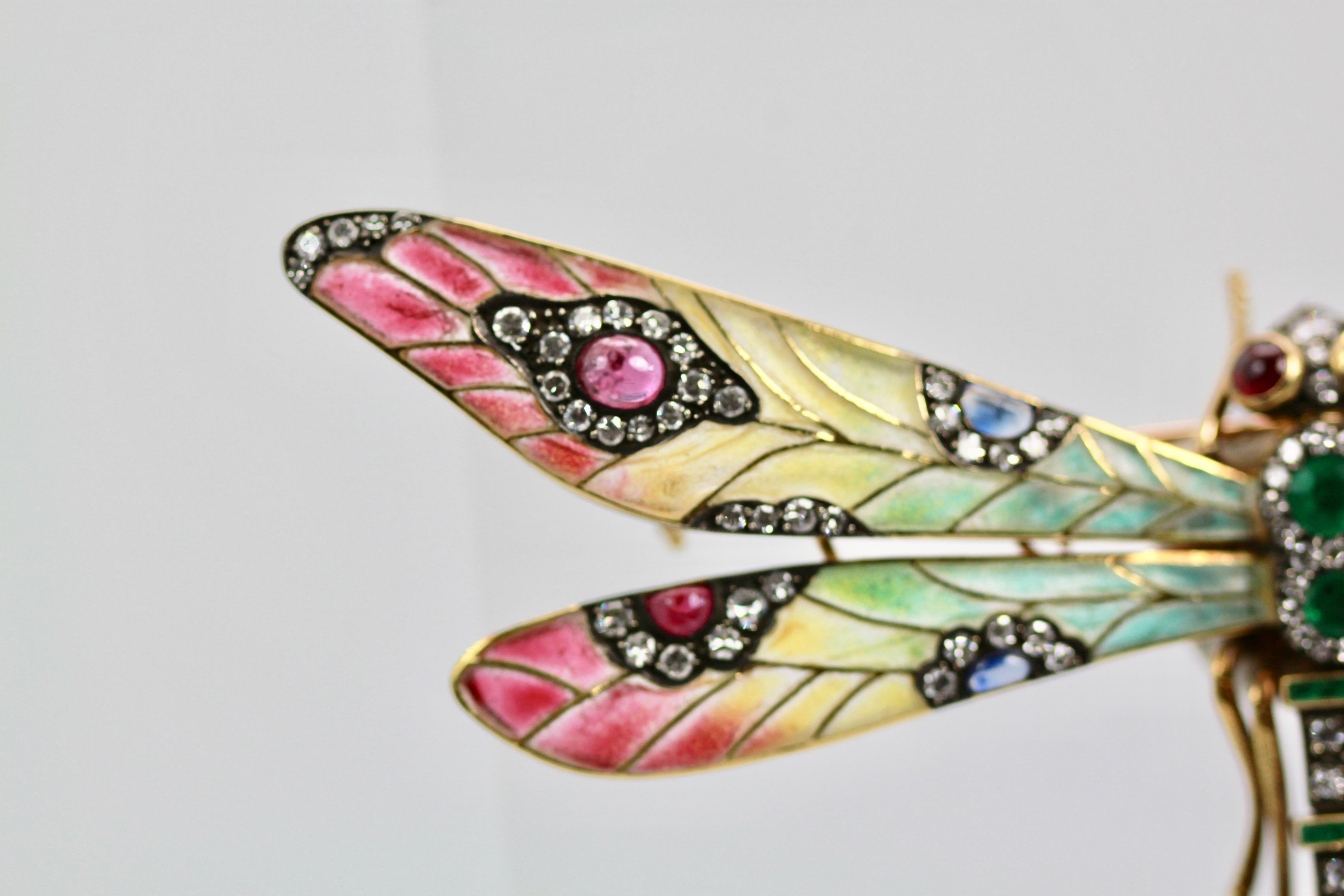 Artisan Plique à Jour Huge Diamond Gemstone Dragonfly Brooch 18 Karat