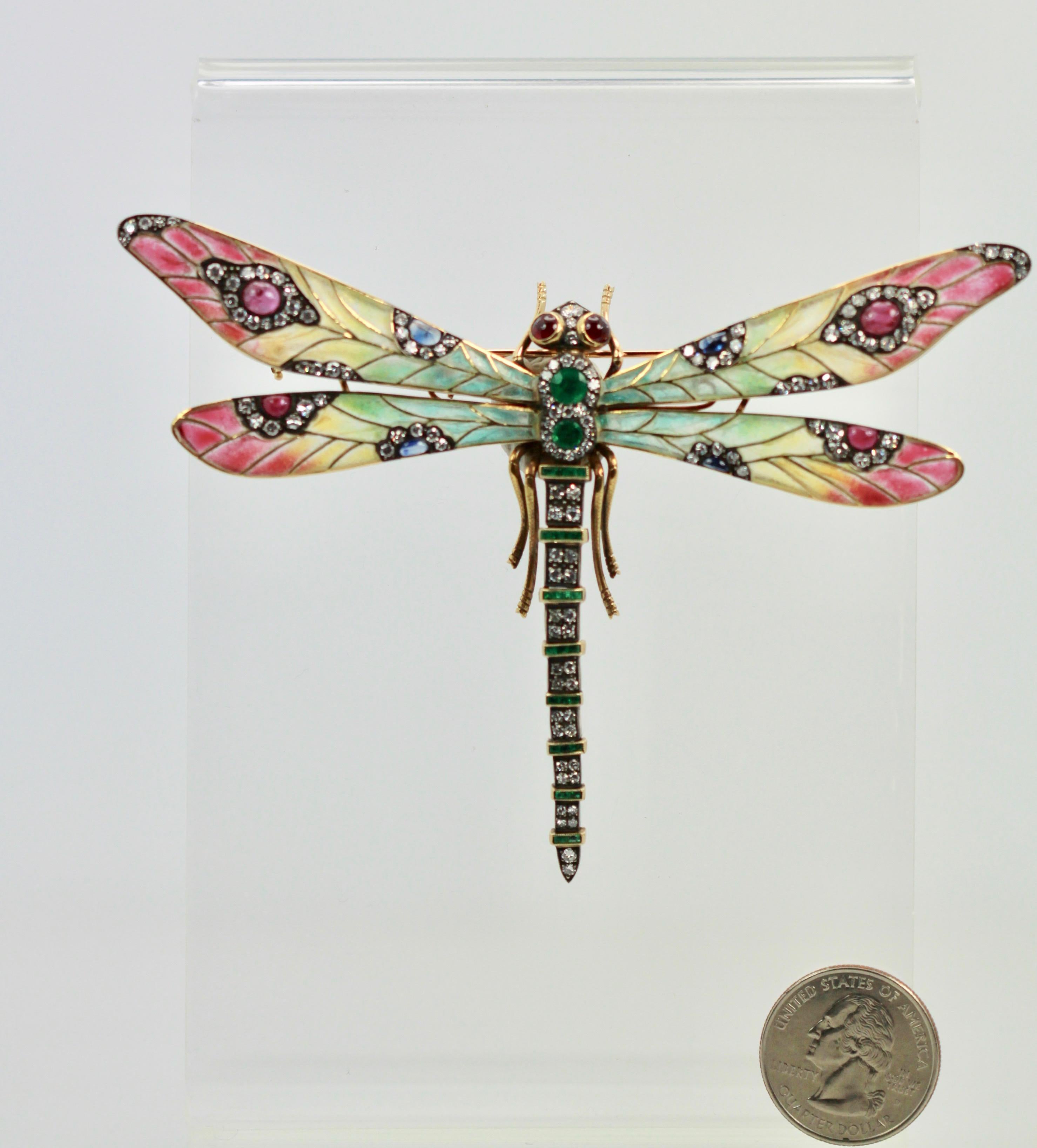 Plique à Jour Huge Diamond Gemstone Dragonfly Brooch 18 Karat In Excellent Condition In North Hollywood, CA