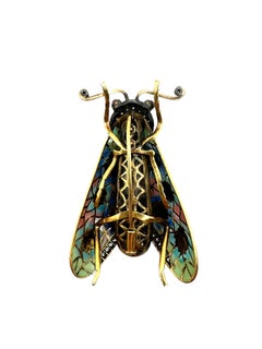 18K Yellow Gold and Silver Plique-à-Jour Enamel Insect Pin