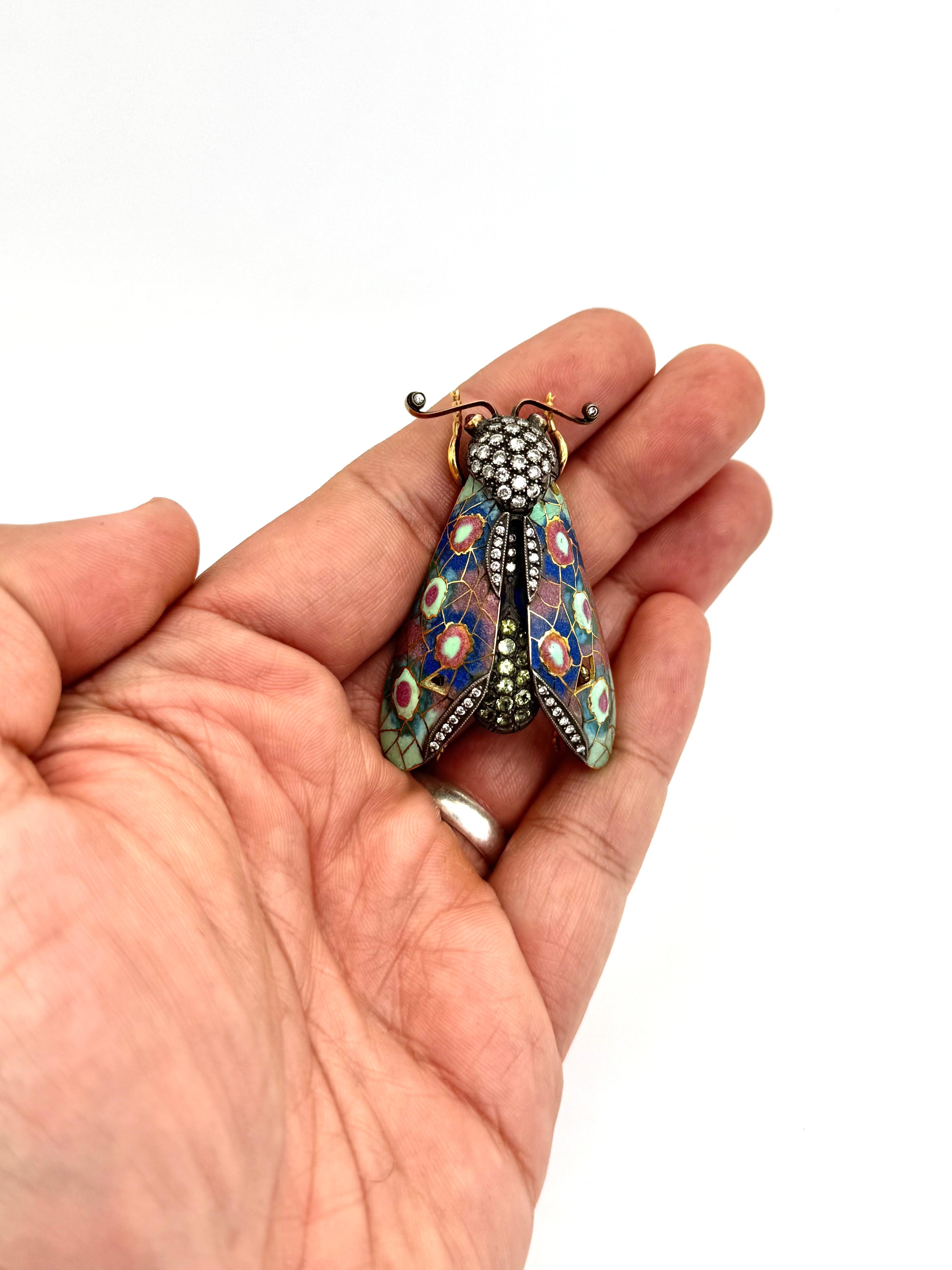 Art nouveau Broche en or jaune 18K et argent Plique A Jour Insecte en vente