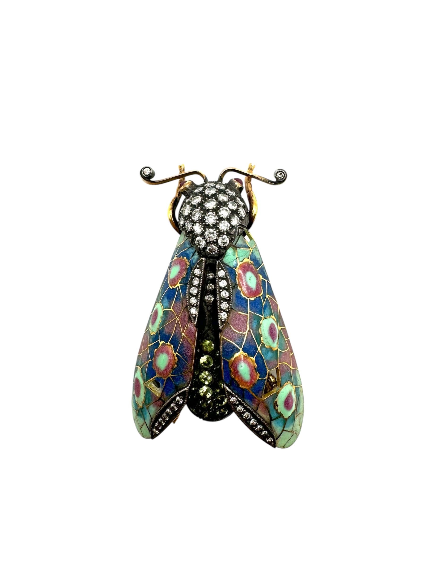 18 Karat Gelbgold und Silber Plique A Jour Insect Brosche