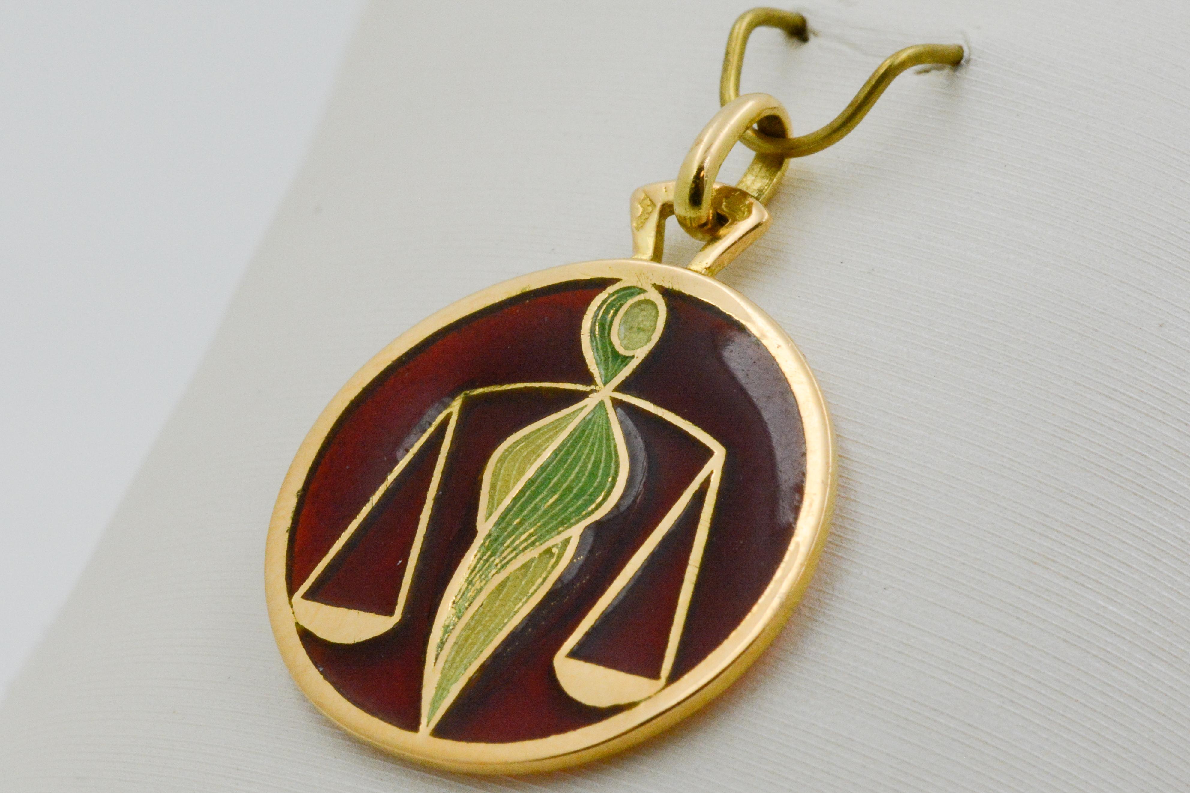 Plique a Jour Libra 18 Karat Yellow Gold Glass Enamel Pendant 1