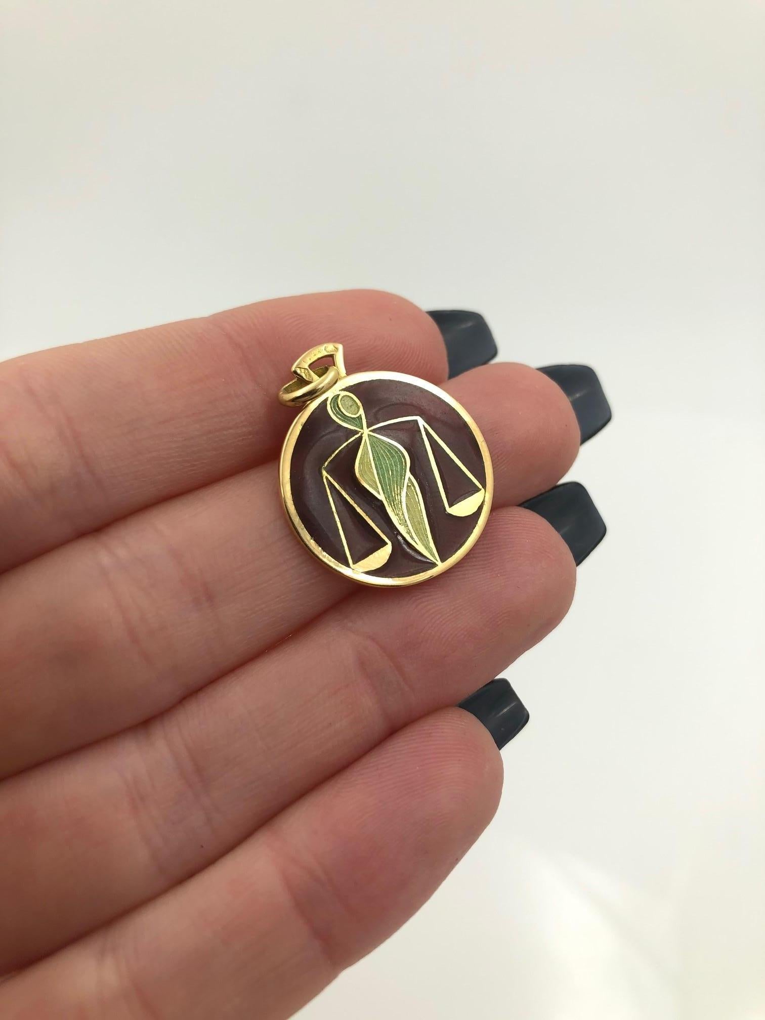 Plique a Jour Libra 18 Karat Yellow Gold Glass Enamel Pendant 3