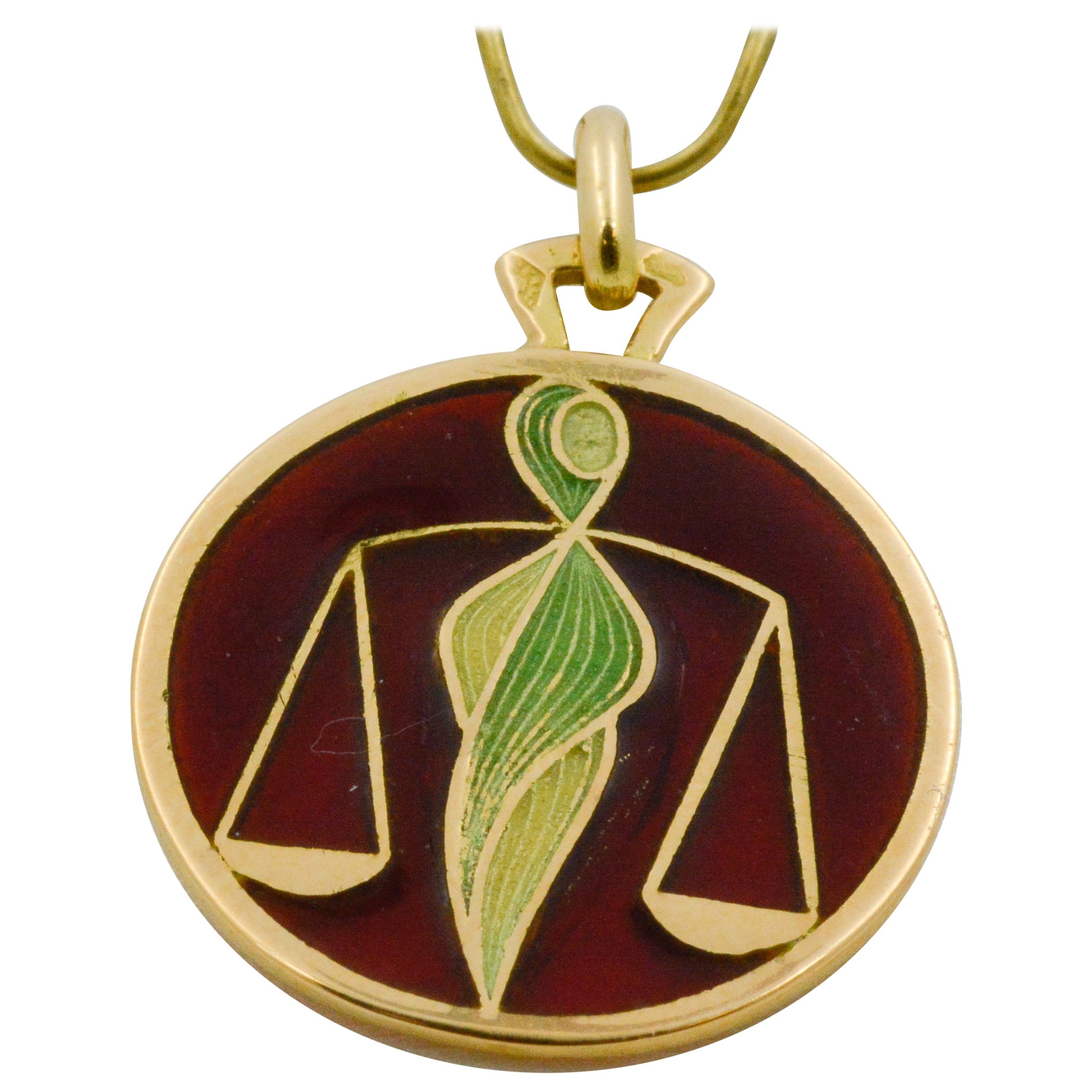 Plique a Jour Libra 18 Karat Yellow Gold Glass Enamel Pendant