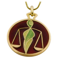 Retro Plique a Jour Libra 18 Karat Yellow Gold Glass Enamel Pendant