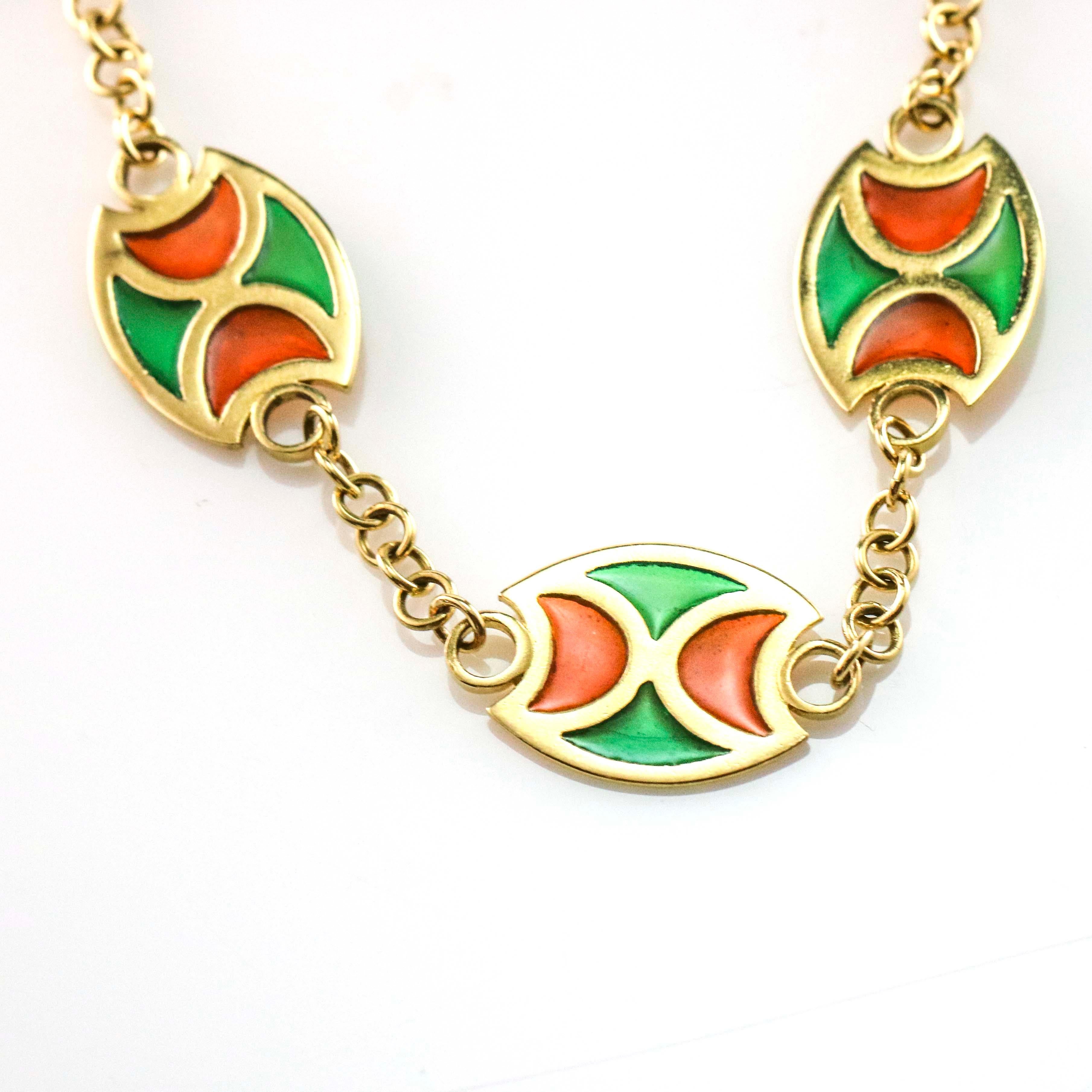 Plique-à-Jour Orange and Green Enamel 18 Karat Yellow Gold Station Necklace In Good Condition For Sale In Fort Lauderdale, FL