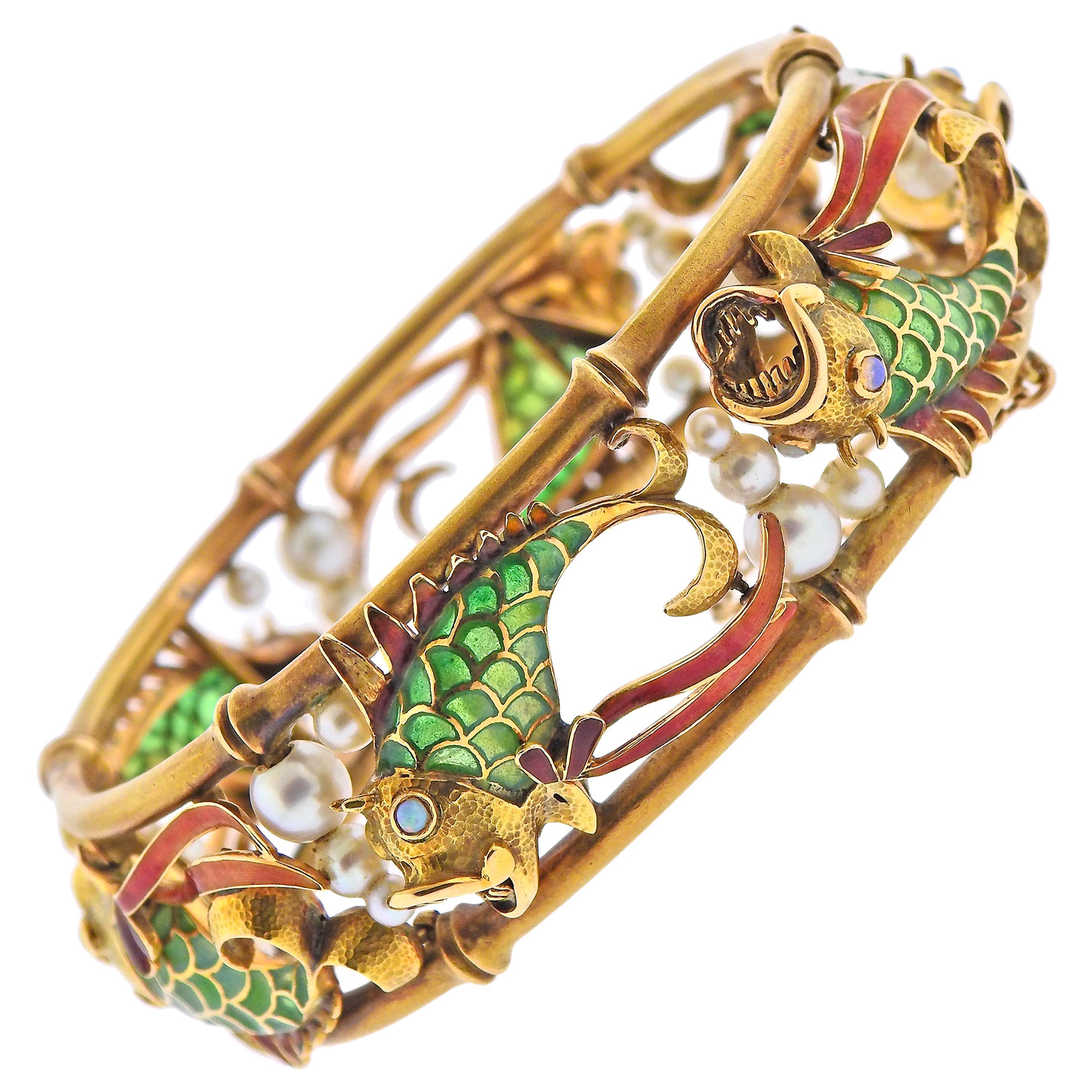 Plique A Jour Pearl Opal Gold Fish Bangle Bracelet