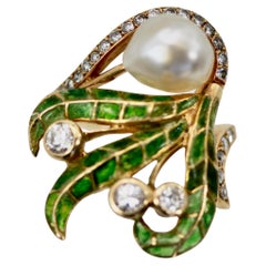 Plique a Jour Pearl Ring 14K