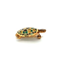 Plique a Jour Purple, Green and Yellow Enamel Gold Turtle Vintage Brooch Pin