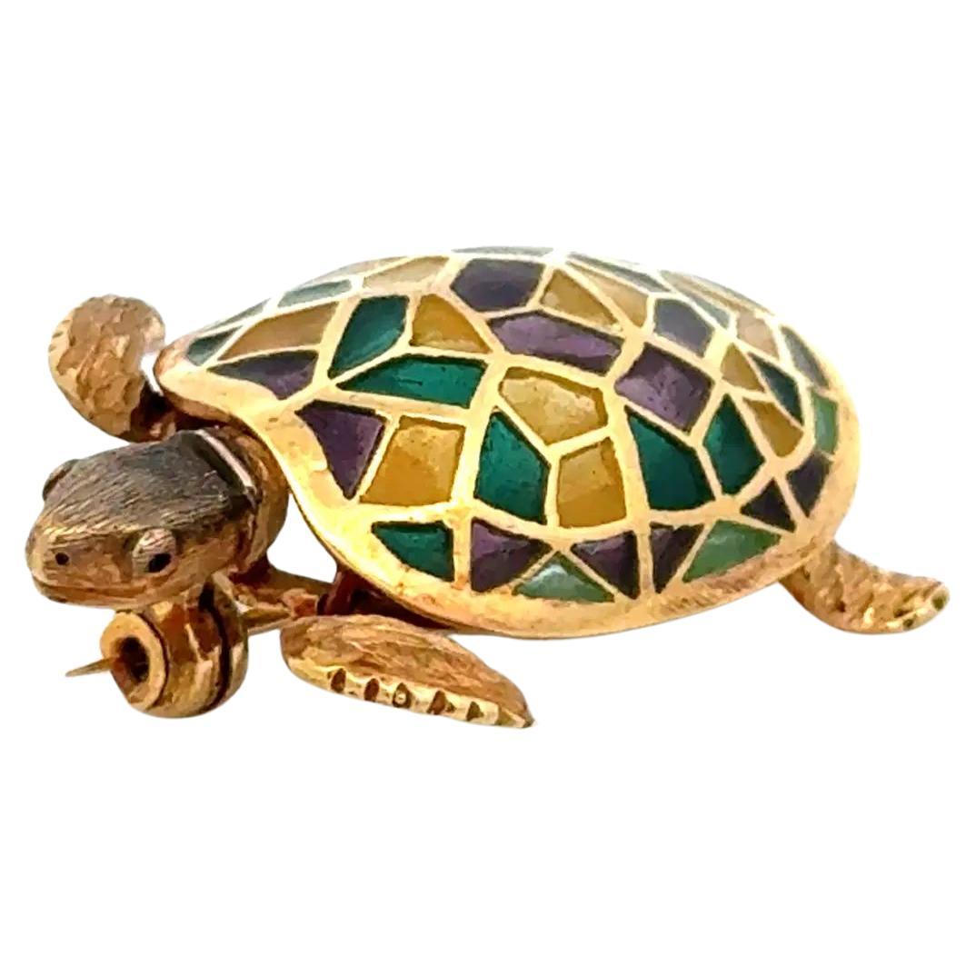 Broche Plique a Jour Purple, Green and Yellow Enamel Gold Turtle Vintage Brooch en vente