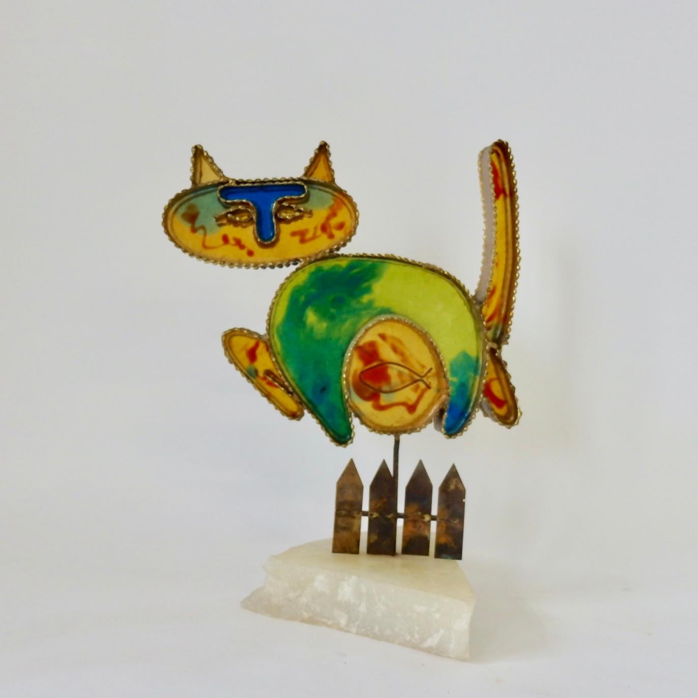 American Bright colorful Plique A Jour Resin in Brass Cheshire Cat Sculpture by C. Jere