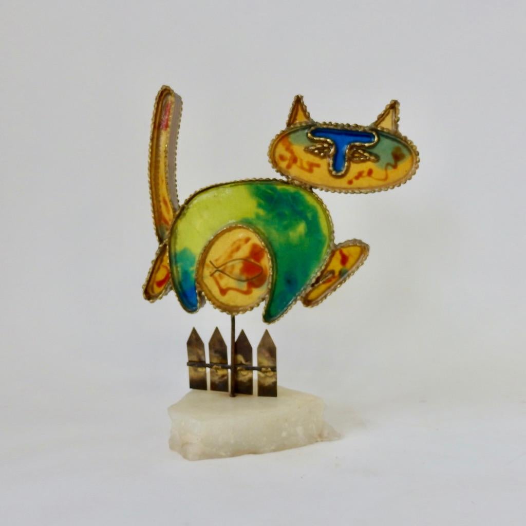 Bright colorful Plique A Jour Resin in Brass Cheshire Cat Sculpture by C. Jere In Good Condition In Ferndale, MI