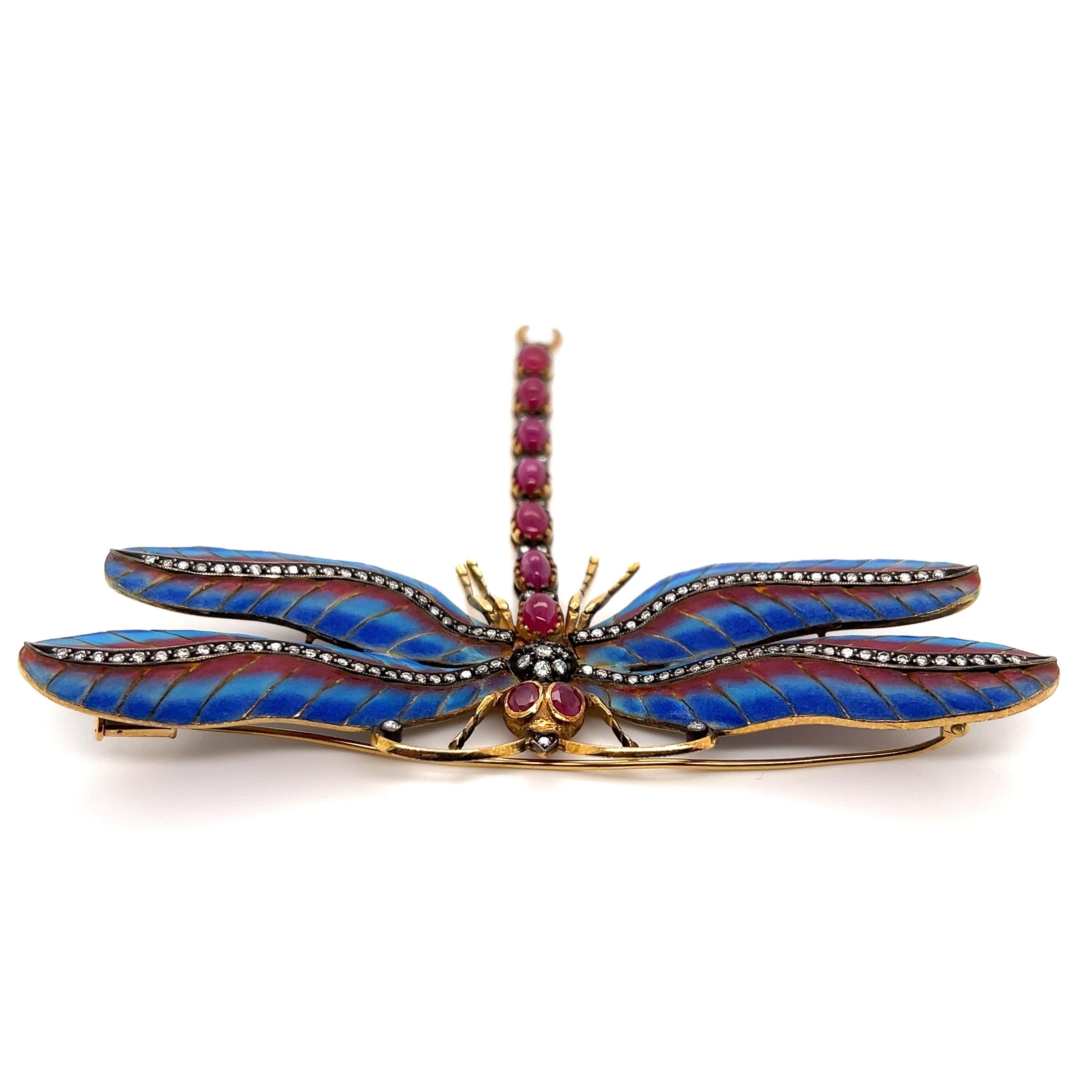 Modernist Plique-à-jour Ruby and Diamond Dragonfly Gold Brooch Pin Estate Fine Jewelry