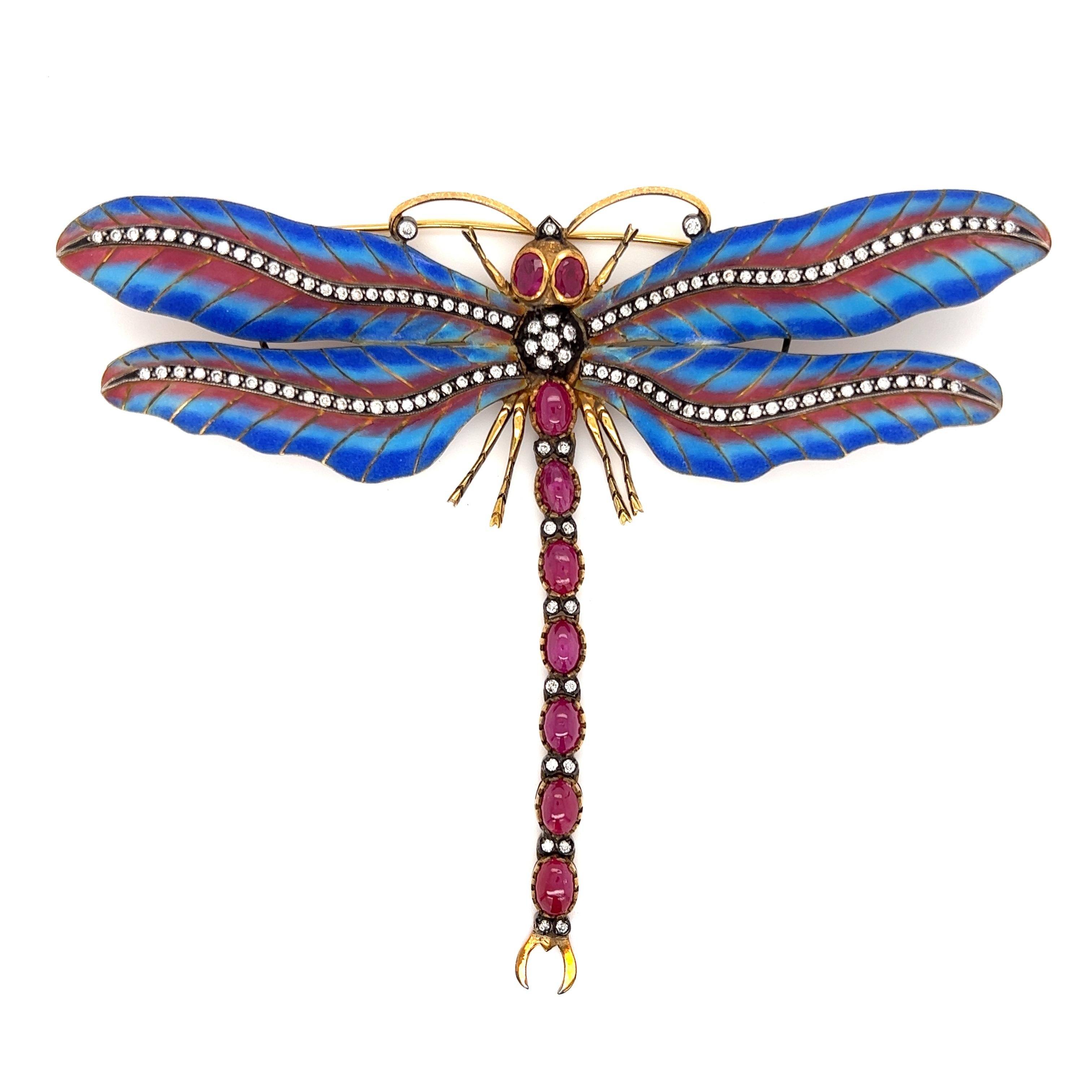Mixed Cut Plique-à-jour Ruby and Diamond Dragonfly Gold Brooch Pin Estate Fine Jewelry