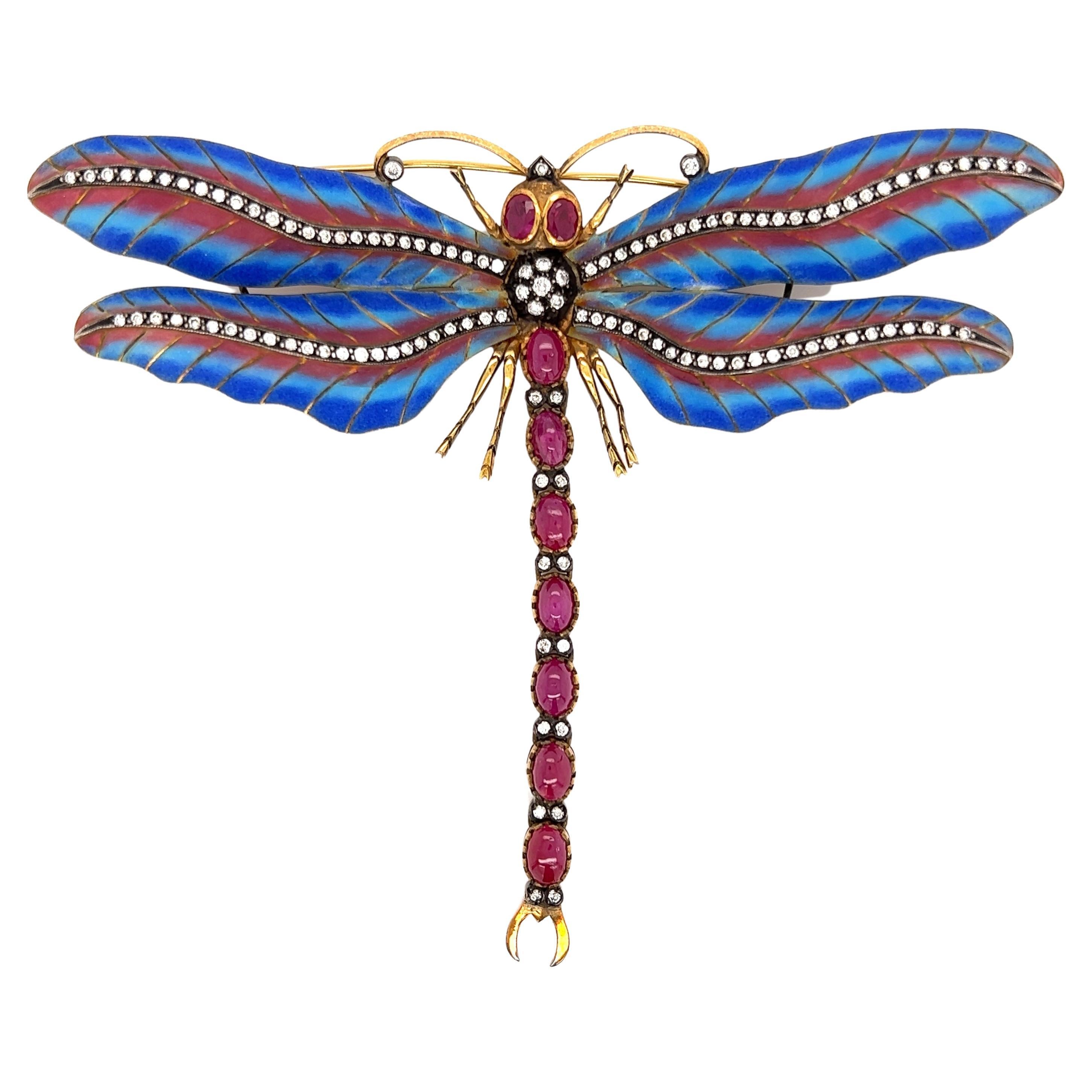 Plique-à-jour Ruby and Diamond Dragonfly Gold Brooch Pin Estate Fine Jewelry