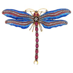 Plique-à-jour Ruby and Diamond Dragonfly Gold Brooch Pin Estate Fine Jewelry