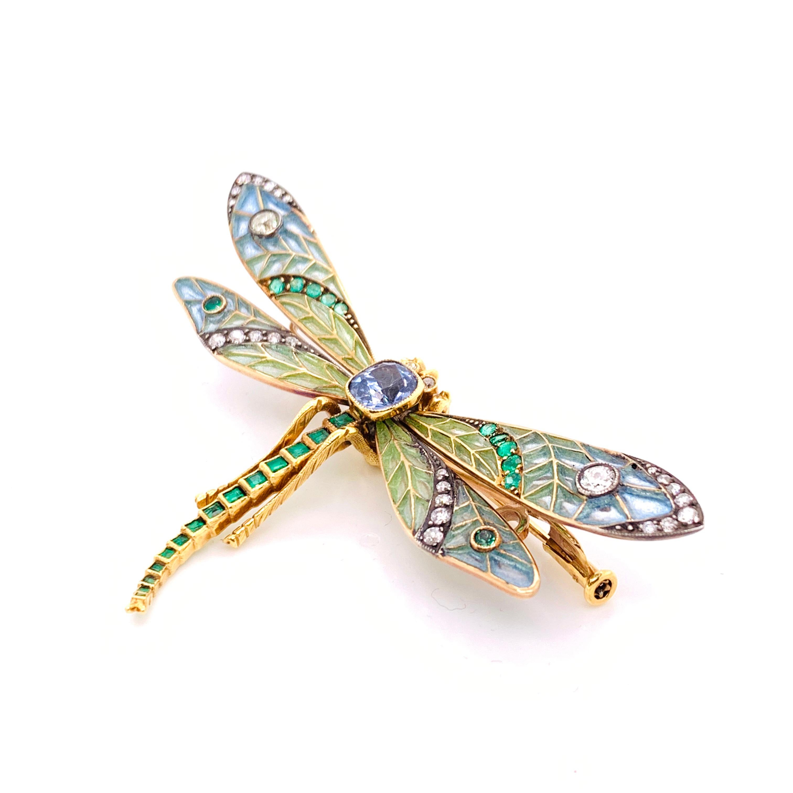 Contemporary Plique à Jour, Sapphire, Emerald and Diamond Dragonfly Brooch