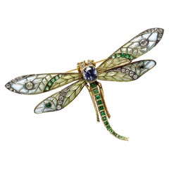 Plique à Jour, Sapphire, Emerald and Diamond Dragonfly Brooch