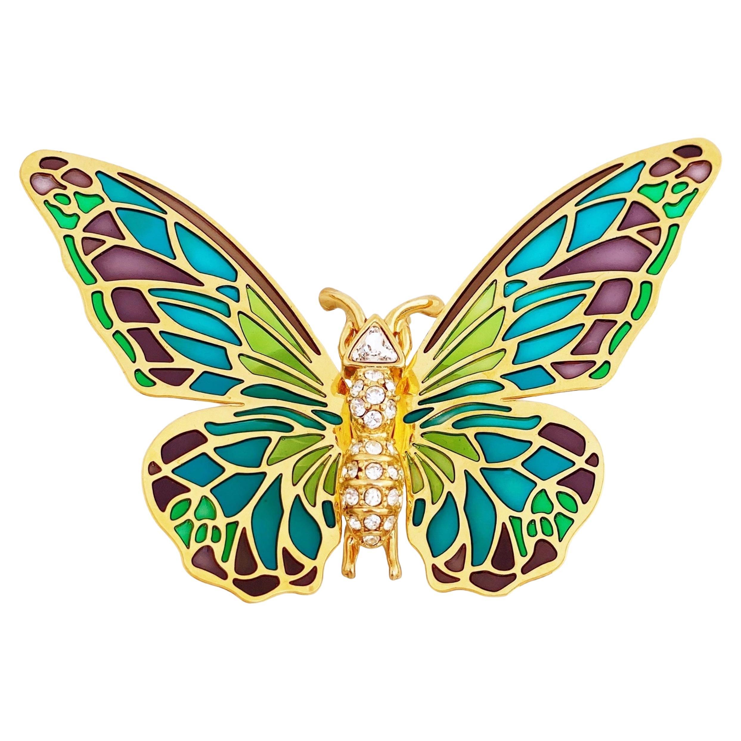 Plique-à-Jour Stained Glass Butterfly Figural Brooch By Nolan Miller, 1980s For Sale