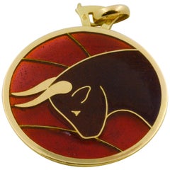 Retro Plique a Jour Taurus 18 Karat Yellow Gold Glass Enamel Pendant