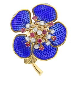 Plique -a- jour Blue Enamel Ruby and Diamond En-Tremblant Brooch