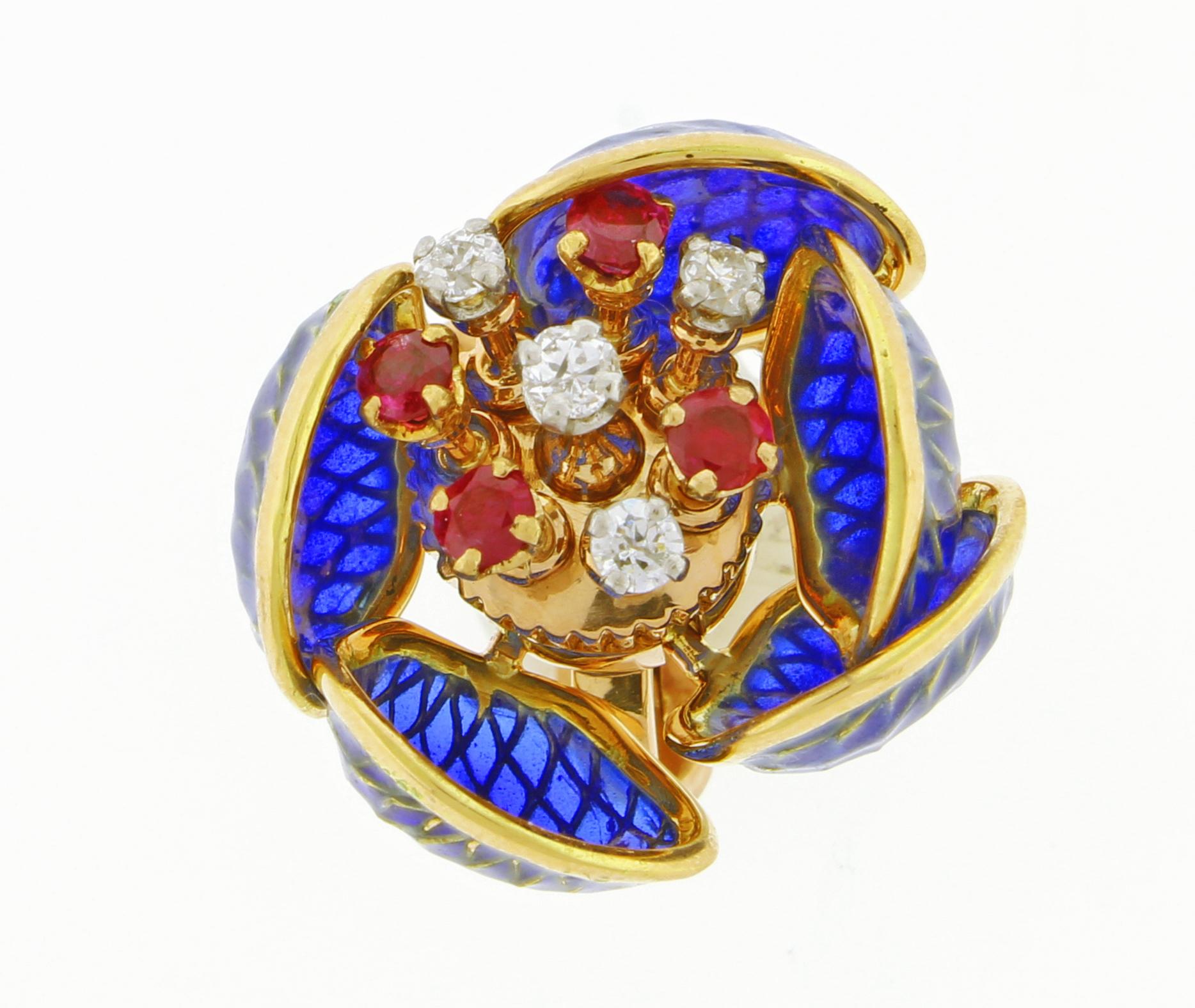 Women's or Men's Plique Ajour Blue Enamel Ruby and Diamond en-Tremblant Earrings