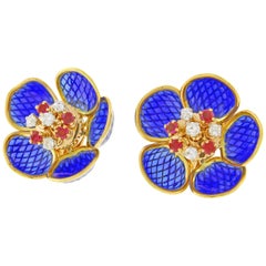 Plique Ajour Blue Enamel Ruby and Diamond en-Tremblant Earrings