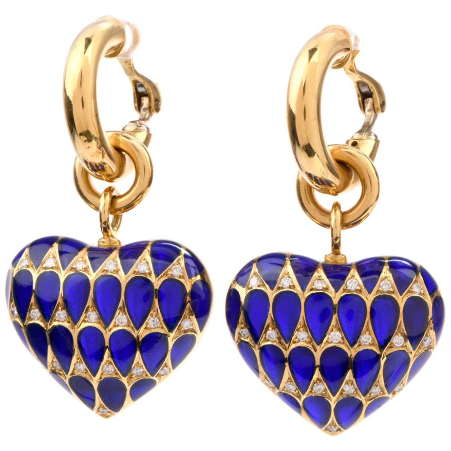 Plique de Jour Enamel 18 Karat Yellow Gold Italian Heart Dangle Hoop Earrings