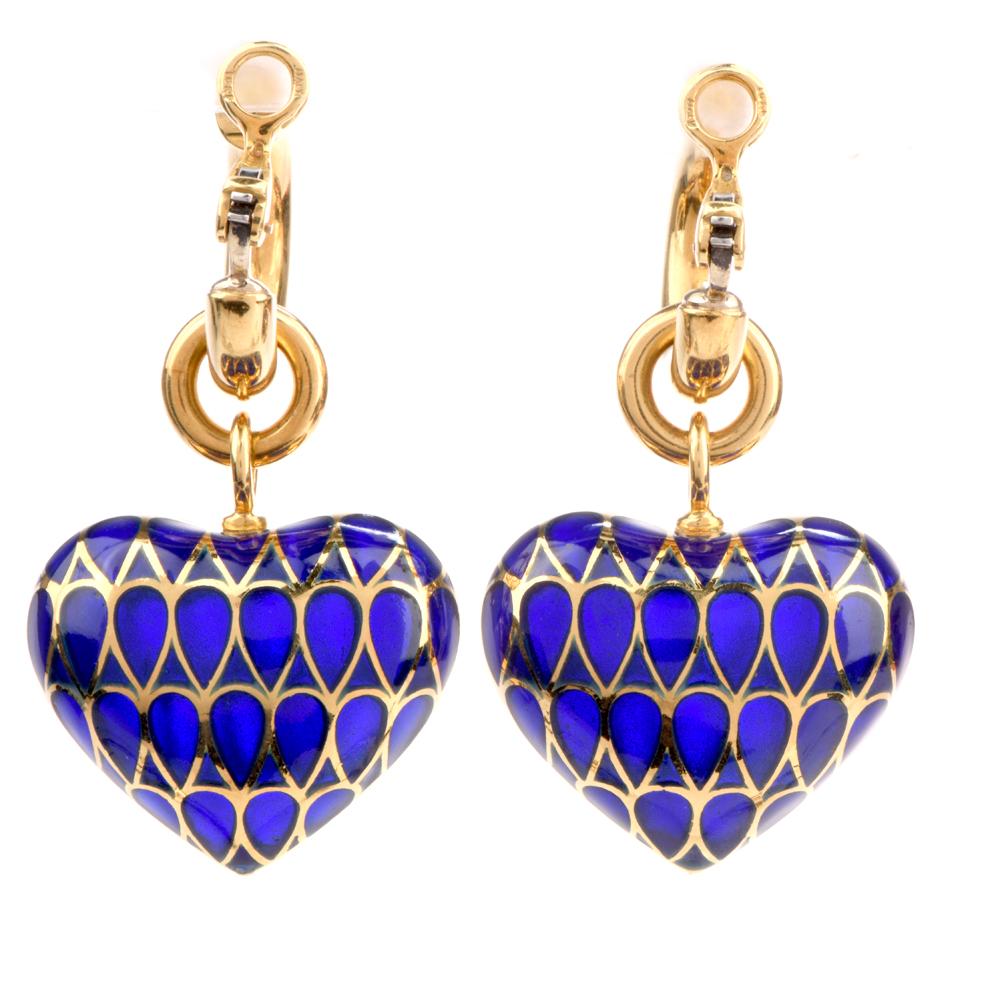 These fashionable 1980's Plique de Jour enamel Italian heart diamond & enamel earrings are crafted with 18-karat yellow gold, weighing 34.8 grams and measuring 51mm long x 28mm wide (hoop 21mm long). Composed of a pair of small detachable hoop