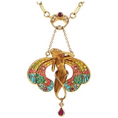 Plique Jour Enamel Diamond Ruby 18 Karat Gold Pendant Necklace