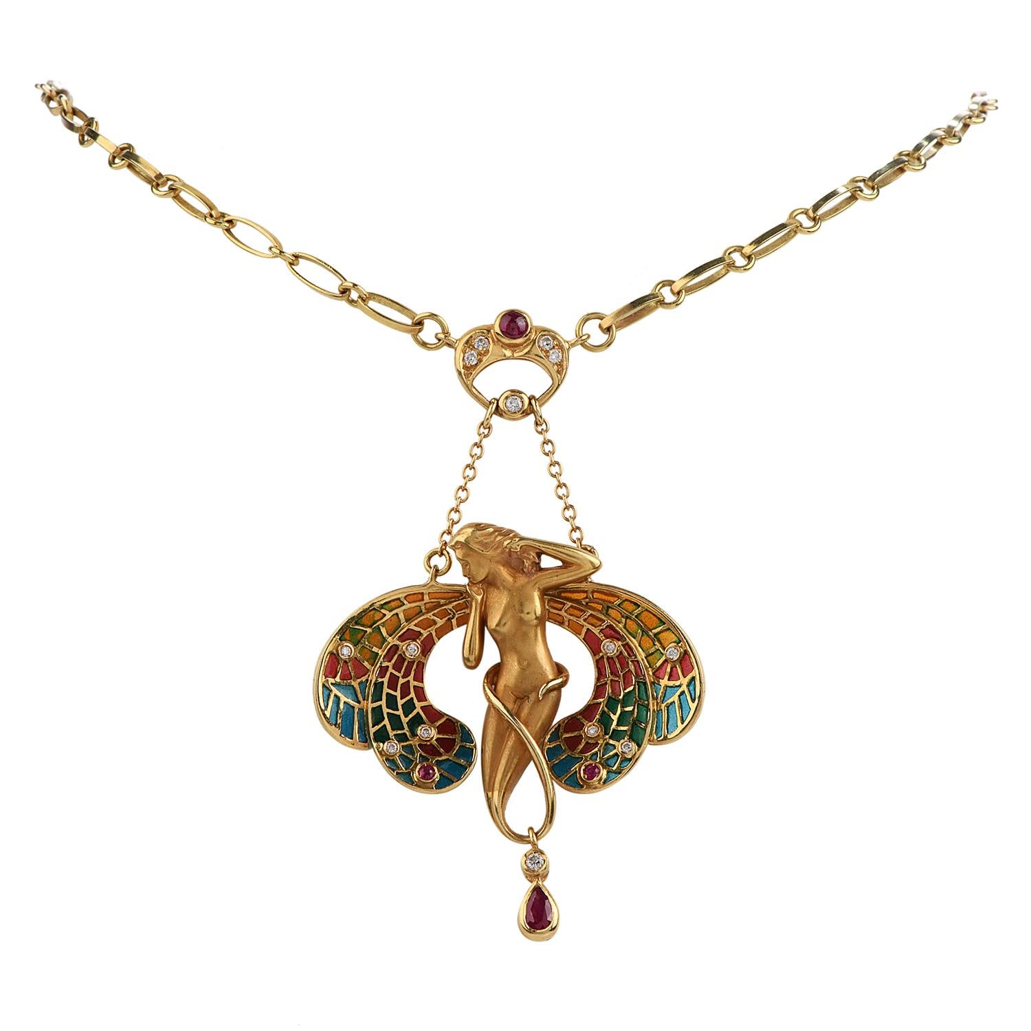 This late 20th Century Piece, was Made in Italy by the Designer TINELLI, 

It is in Excellent condition and the see-through Enamel Accents are the perfect representation of the Plique-A-Jour,

From the Art Nouveau Style of Art!

Crafted in Solid 18K