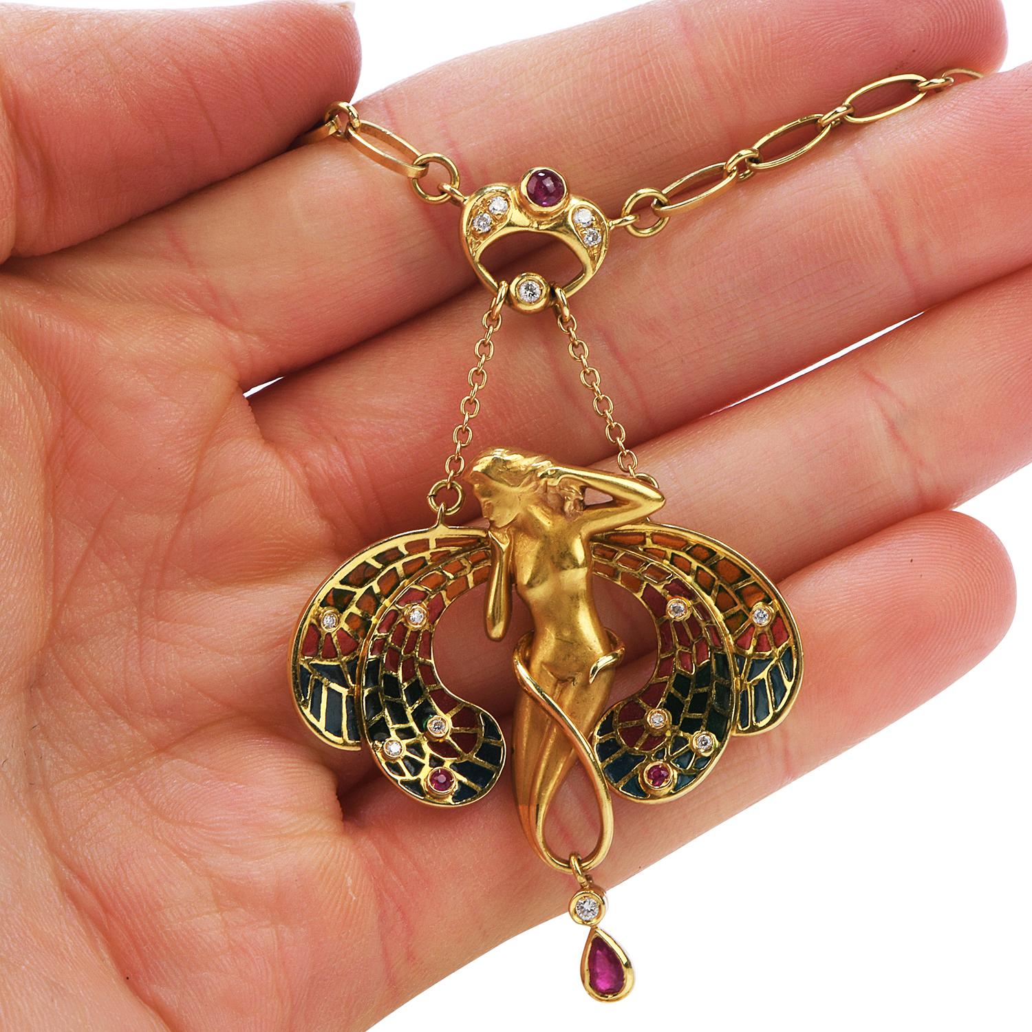 Plique Jour Enamel Diamond Ruby 18 Karat Gold Pendant Necklace In Excellent Condition In Miami, FL