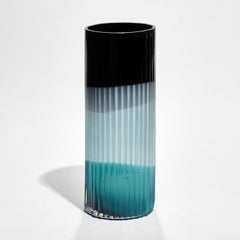 Plissé vase in Black, Turquoise & Light Blue, a glass vase by Lena Bergström