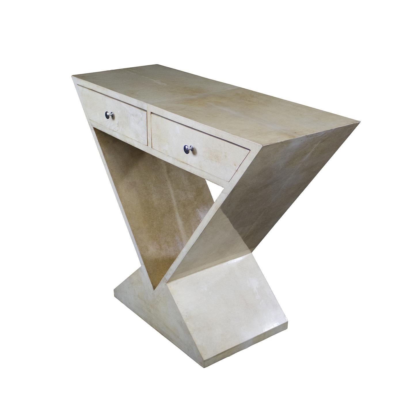 A must-have for any Art Deco-inspired entryway, this console brims with classy allure from its rigorous profile to the prized ivory-toned natural parchment (