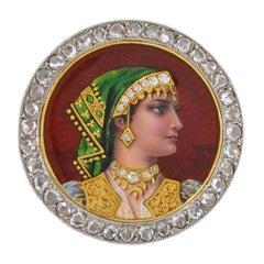 Plojoux Edwardian Rose Cut Diamond Guilloché Enameled Portrait Pin