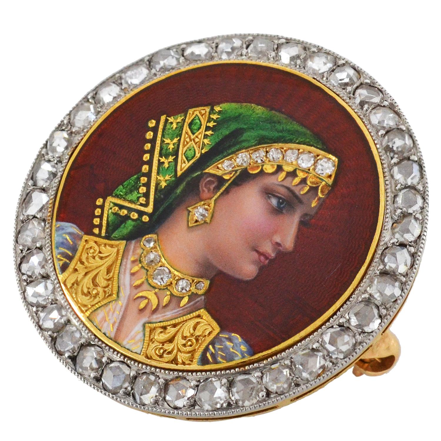 Plojoux Edwardian Rose Cut Diamond Guilloché Enameled Portrait Pin In Good Condition In Narberth, PA