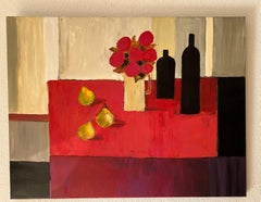 Still life with a vase of flowers, pears, and a bottle of wine