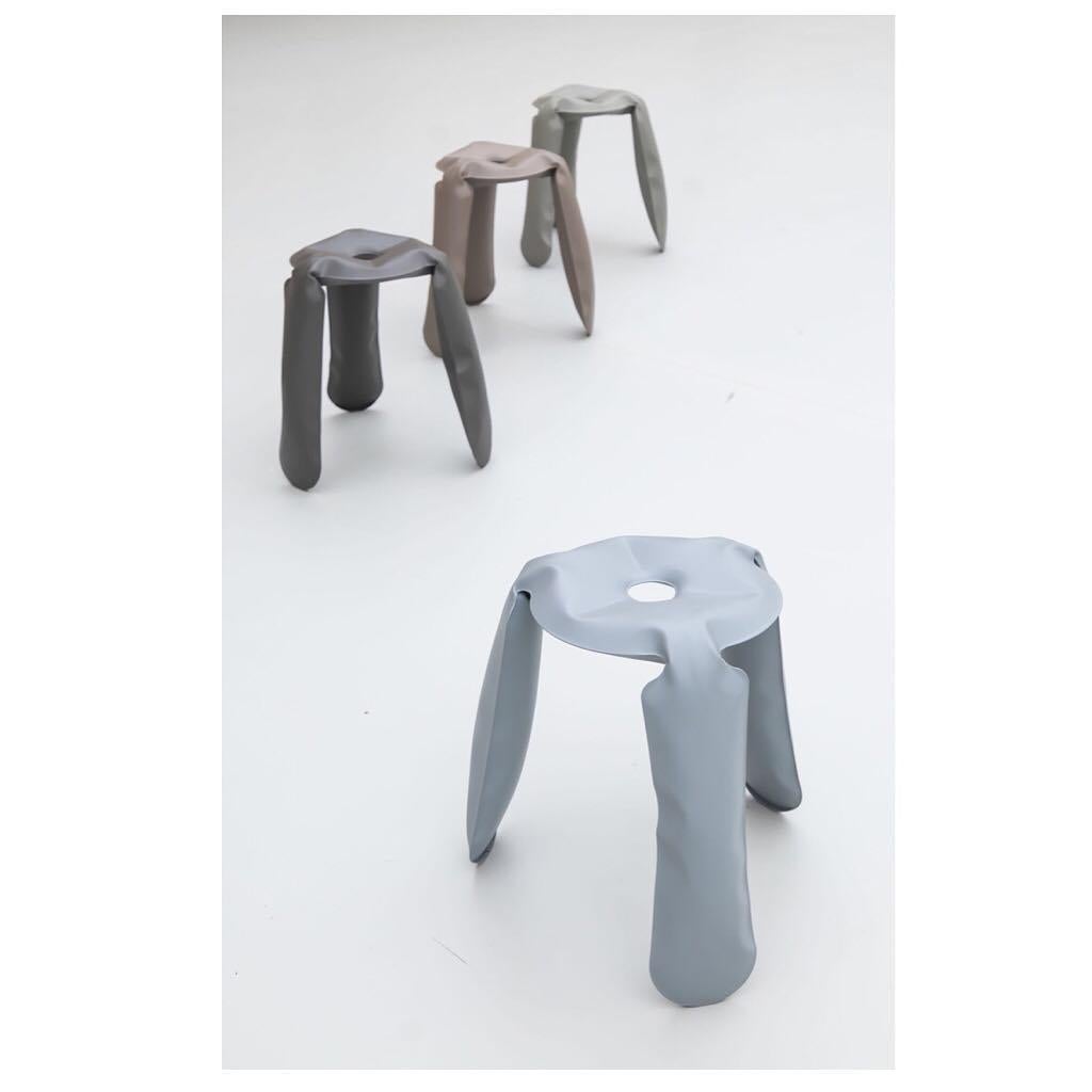 Plopp stool in matte gray aluminum, Zieta
Dimensions: 
H 19.69 in. x Dm 13.78 in.
H 50 cm x D 35 cm.
Material: painted aluminum. 

About
Working on FiDU technology is all about experimenting with new materials, finishes, to find out new