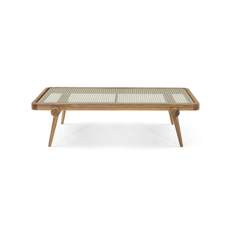 Plot Coffee Table in Teak Wood Finish with Cane Under a Tempered Glass Top  For Sale at 1stDibs