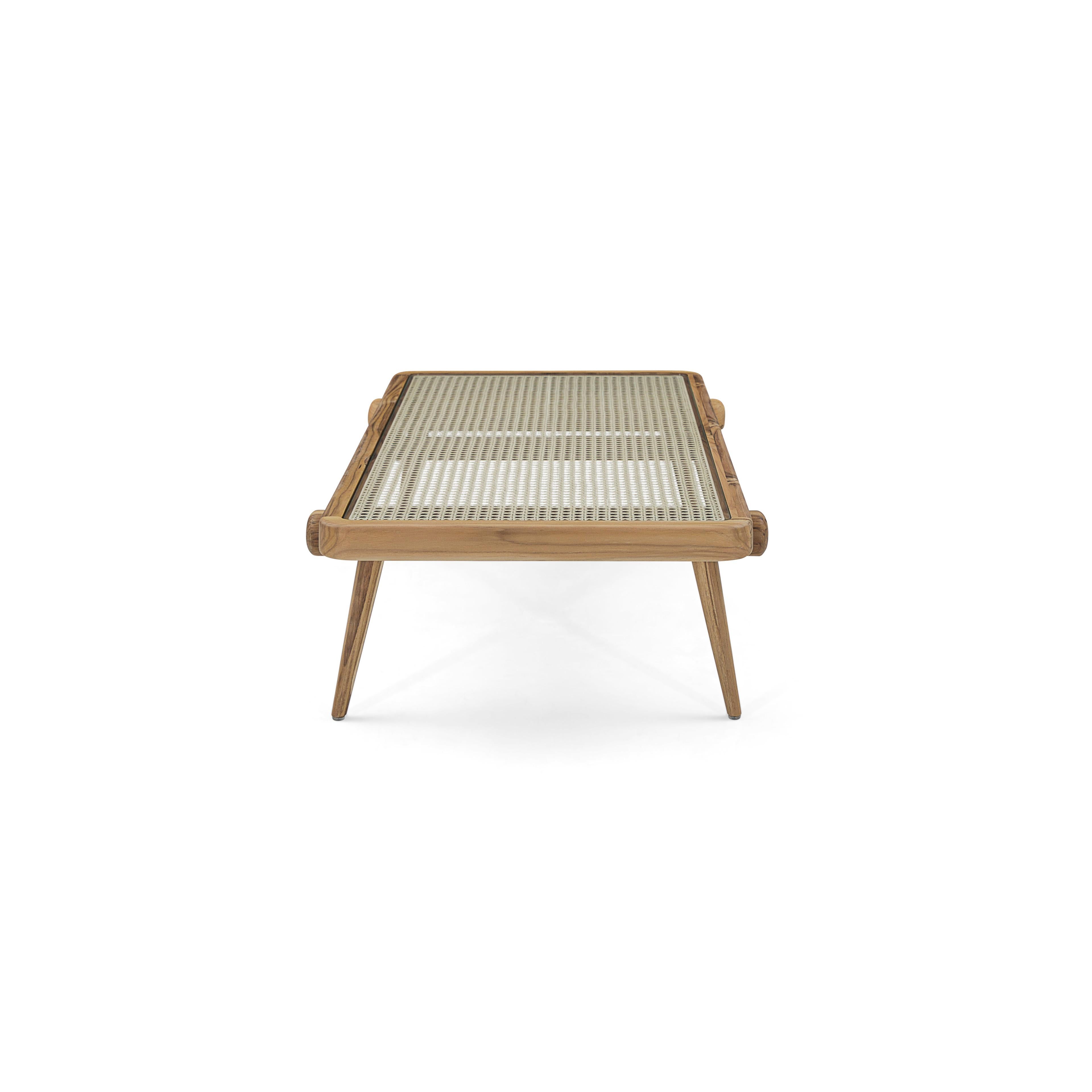 Mid-Century Modern Plot Coffee Table in Teak Wood Finish with Cane Under a Tempered Glass Top For Sale